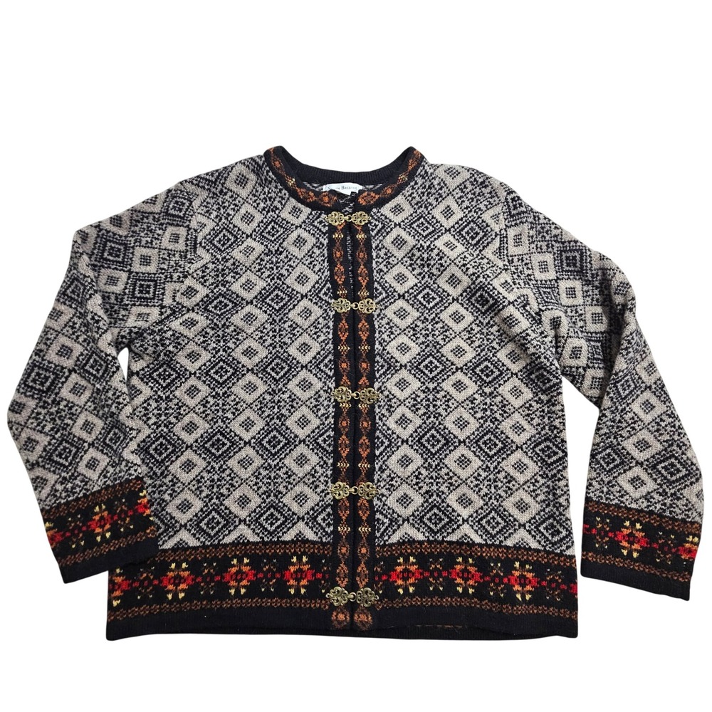 Susan Bristol Cardigan Sweater Women XL Black Wool Nordic Fair Isle Clasp